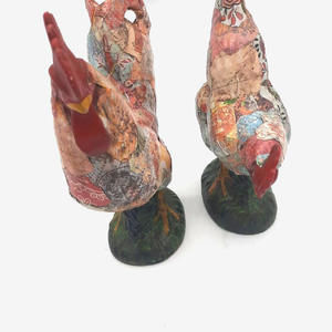 Vintage Pair Decoupaged 8" Ceramic Rooster & Hen  Figurine Statues